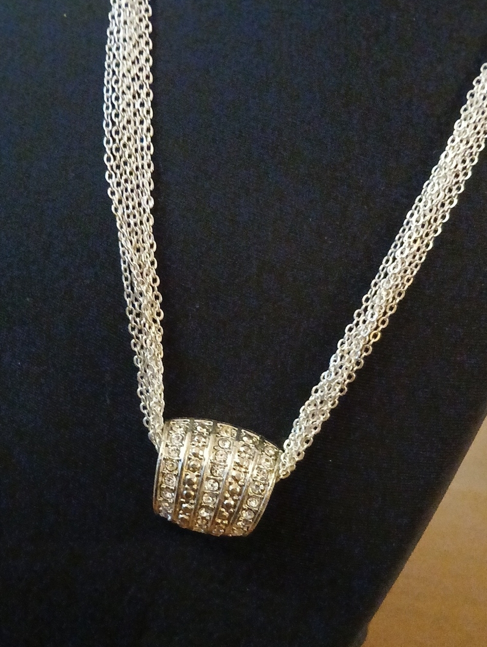 Multi-Chain Silver Tone Necklace with Crystal Pave Barrel Pendant 14"